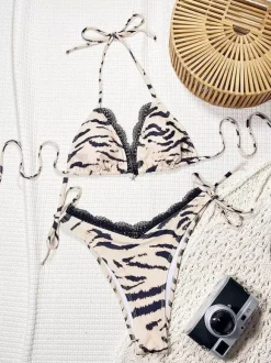Maillot de bain bikini pour femme imprimé tigre dentelle maillot de bain sexy d'été