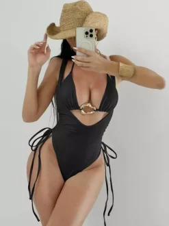 Maillot de bain deux pièces sexy pour femme - Haut de bikini dos nu à anneaux sur le devant monokini froncé sur les côtés - Été Plage 2026