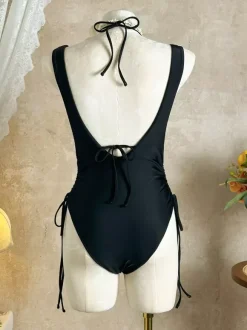Maillot de bain deux pièces sexy pour femme - Haut de bikini dos nu à anneaux sur le devant monokini froncé sur les côtés - Été Plage 2026