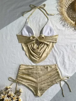 Maillot de bain deux pièces à col montant et bretelles fines bas court effet métallisé brillant