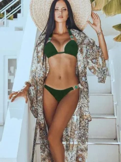 Maillot de Bain en Paillette Bikini Sexy Femme Eté à Col Décolleté en V avec Bretelles Taille Haute Unicolore Bikini Push Up