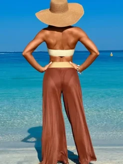 Maillot de bain trois pièces pour femme bikini sans bretelles et pantalon de plage à jambes larges 2026
