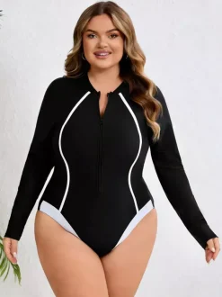 Maillot de bain une pièce à manches longues et fermeture éclair sur le devant coupe cintrée avec lignes contrastées