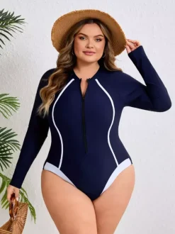 Maillot de bain une pièce à manches longues et fermeture éclair sur le devant coupe cintrée avec lignes contrastées