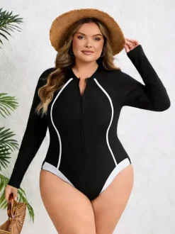 Maillot de bain une pièce à manches longues et fermeture éclair sur le devant coupe cintrée avec lignes contrastées