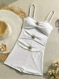 Maillot de bain une pièce découpé pour femme - Monokini texturé à taille haute froncée avec boucle solaire - Collection été 2026