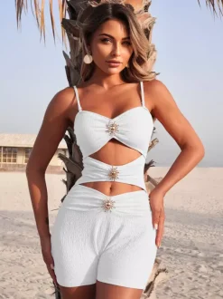 Maillot de bain une pièce découpé pour femme - Monokini texturé à taille haute froncée avec boucle solaire - Collection été 2026