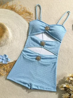 Maillot de bain une pièce découpé pour femme - Monokini texturé à taille haute froncée avec boucle solaire - Collection été 2026