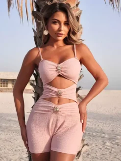 Maillot de bain une pièce découpé pour femme - Monokini texturé à taille haute froncée avec boucle solaire - Collection été 2026