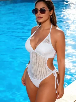 Maillot de bain une pièce en maille crochetée pour femme - Monokini dos nu à découpes et liens sur les côtés - Idéal pour les fêtes d'été à la piscine 2026