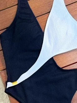 Maillot de bain une pièce pour femme noir bicolore décolleté dos nu sexy