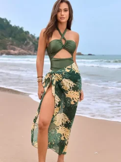 Maillot de bain une pièce bleu ciel clair imprimé floral sexy dos nu sans manches.