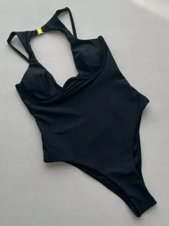 Maillot de bain une pièce pour femme détails métalliques noirs col rond dos nu idéal pour l'été et la plage