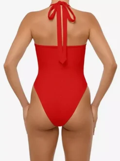 Maillot de bain une pièce échancré pour femme - Monokini rouge sexy à col halter - Idéal pour les fêtes d'été à la plage et à la piscine 2026