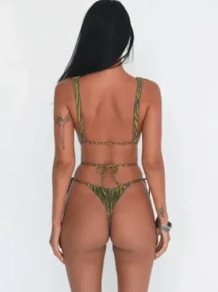 Maillot de bain une pièce femme à décolleté plongeant - Imprimé zèbre olive froncé découpe noué sur le côté échancré - Idéal pour les fêtes d'été à la piscine 2026