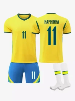 Maillot de Foot Brésil Domicile 2026 Raphinha 11 Vini Jr 7 Ensemble 3 Pièces avec Short Adultes et Enfants, Kit Supporter Jaune
