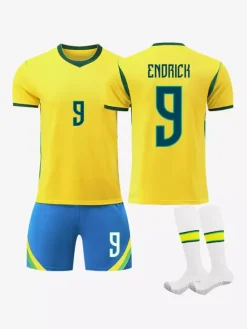 Maillot de Foot Brésil Domicile 2026 Raphinha 11 Vini Jr 7 Ensemble 3 Pièces avec Short Adultes et Enfants, Kit Supporter Jaune