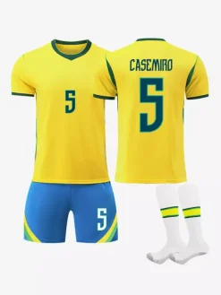 Maillot de Foot Brésil Domicile 2026 Raphinha 11 Vini Jr 7 Ensemble 3 Pièces avec Short Adultes et Enfants, Kit Supporter Jaune