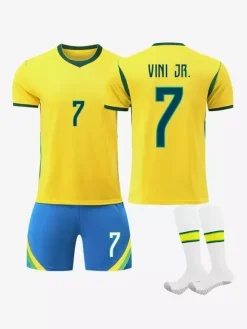 Maillot de Foot Brésil Domicile 2026 Raphinha 11 Vini Jr 7 Ensemble 3 Pièces avec Short Adultes et Enfants, Kit Supporter Jaune
