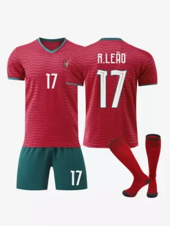 Maillot domicile de l'équipe du Portugal 2026 rouge et vert manches courtes ensemble 3 pièces pour adultes et enfants : n° 8 Fernandes n° 15 João Neves