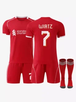 Maillot domicile du club de football 25/26 n° 11 Salah n° 7 Wirtz rouge à manches courtes ensemble 3 pièces