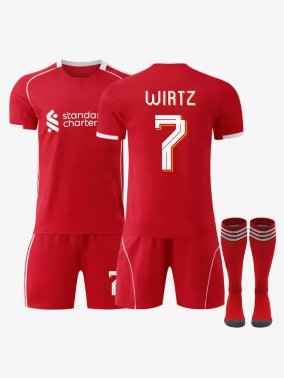Maillot domicile du club de football 25/26 n° 11 Salah n° 7 Wirtz rouge à manches courtes ensemble 3 pièces