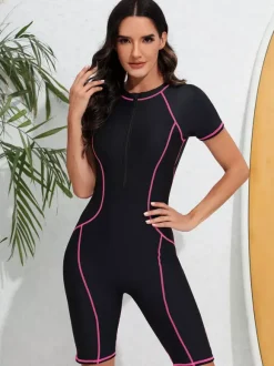 Maillot de bain athlétique shorty à fermeture éclair sur le devant et coutures contrastées