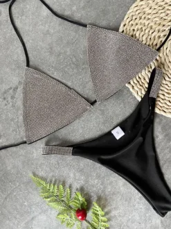 Maillot de Bain Bikini Ensembles 2 Pièces Femme Vernis Eté Taille Haute avec Bretelles à Col Décolleté en V avec Dos Nu Cousu Bicolores Sexy