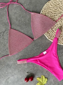 Maillot de Bain Bikini Ensembles 2 Pièces Femme Vernis Eté Taille Haute avec Bretelles à Col Décolleté en V avec Dos Nu Cousu Bicolores Sexy