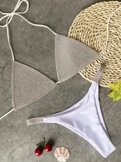Maillot de Bain Bikini Ensembles 2 Pièces Femme Vernis Eté Taille Haute avec Bretelles à Col Décolleté en V avec Dos Nu Cousu Bicolores Sexy