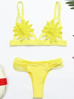 Maillot de Bain Bikini Ensembles 2 Pièces 2026 Blanc Femme Eté Imprimés Florals Taille Haute avec Bretelles à Col Décolleté en V Dos Nu Unicolore Sexy