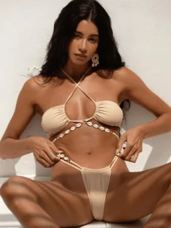 Maillot De Bain Bikini Femme Abricot Clair À Lacets D'Été