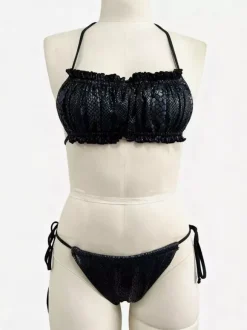 Maillot de bain bikini noir à lacets pour femme idéal pour l'été à la plage.