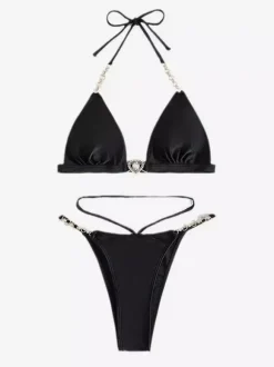 Maillot de bain bikini noir à lacets pour femme idéal pour l'été à la plage.