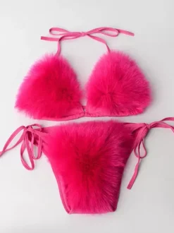 Maillot de bain bikini pour femme rose en fausse fourrure été sexy maillots de bain
