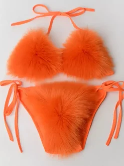 Maillot de bain bikini pour femme rose en fausse fourrure été sexy maillots de bain
