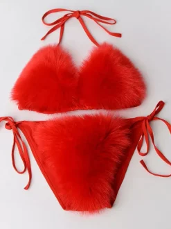 Maillot de bain bikini pour femme rose en fausse fourrure été sexy maillots de bain