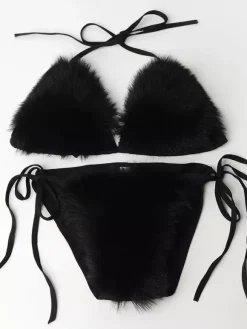 Maillot de bain bikini pour femme rose en fausse fourrure été sexy maillots de bain