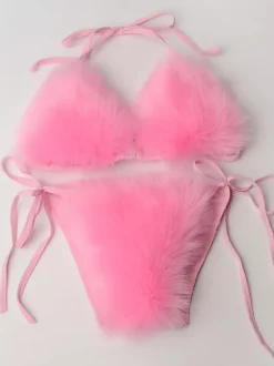 Maillot de bain bikini pour femme rose en fausse fourrure été sexy maillots de bain