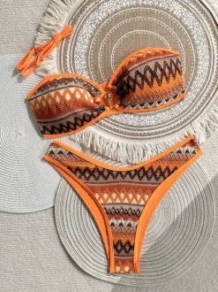 Maillot de bain deux pièces bikini triangle vintage ethnique à rayures et à nouer sur les côtés