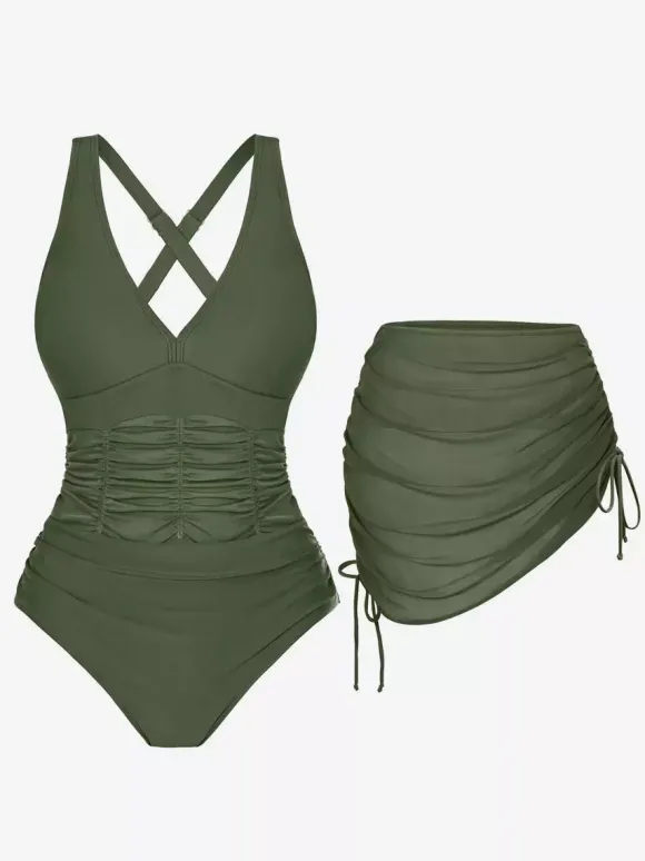 Maillot de bain deux pièces gainant pour femme - Monokini froncé à col en V avec jupe de plage à cordon - Été Piscine 2026