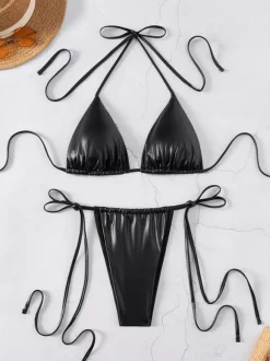 Maillot de bain deux pièces noir sexy à licou pour l'été 2026