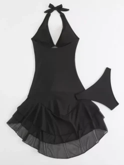 Maillot de bain deux pièces sexy asymétrique pour femme - Robe de bain dos nu en résille à volants avec bas de bikini - Idéal pour les pool parties d'été 2026