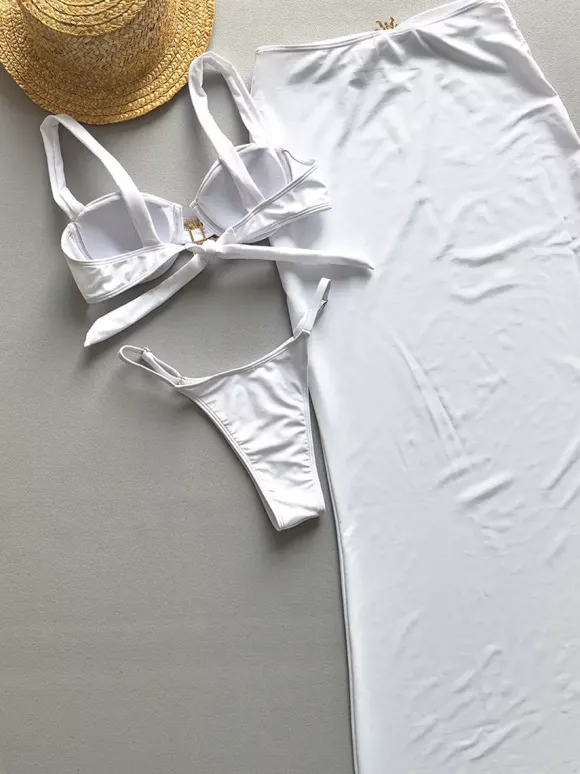 Maillot de bain 2 pièces sexy couleur unie avec bikini et jupe longue pour l'été 2026