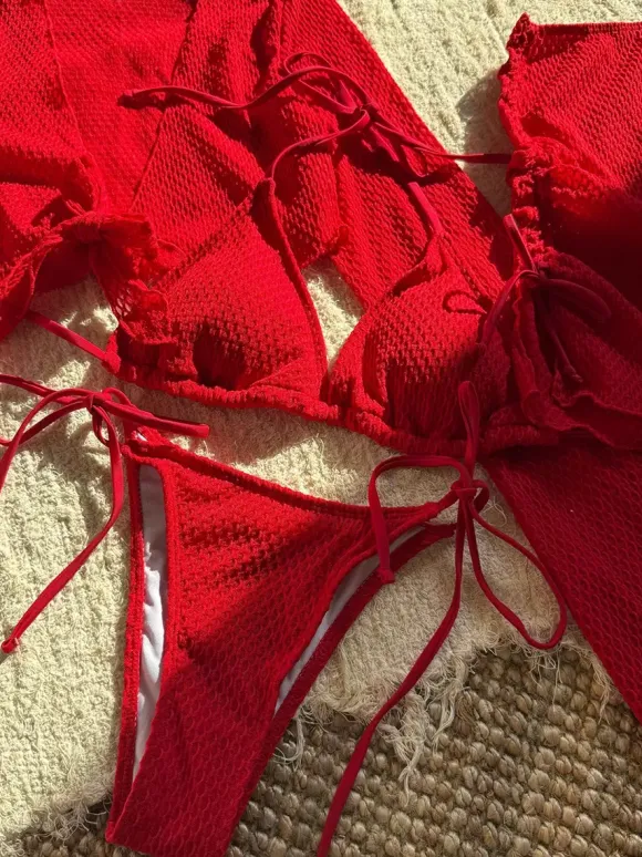 Maillot de bain 4 pièces uni avec bikini dos nu et cache-maillot pour l'été 2026