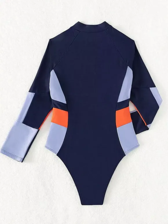 Maillot de bain une pièce de surf à manches longues et fermeture éclair sur le devant empiècements colorés