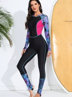 Maillot de bain une pièce à fermeture éclair sur le devant patchwork floral coloré protection anti-UV.