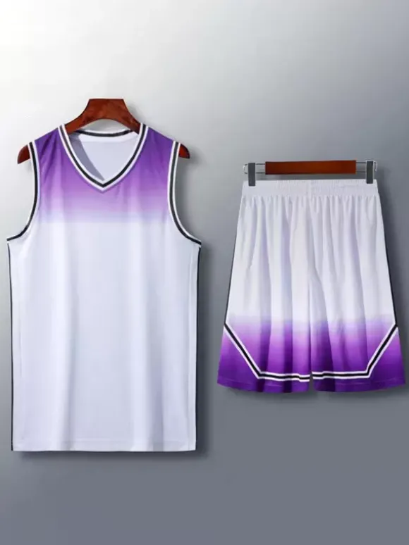 Maillot De Basket-Ball Ensemble 2 Pièces Violet Bleu Noir Blanc Adulte Homme