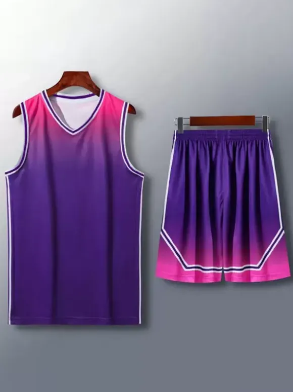 Maillot De Basket-Ball Ensemble 2 Pièces Violet Bleu Noir Blanc Adulte Homme