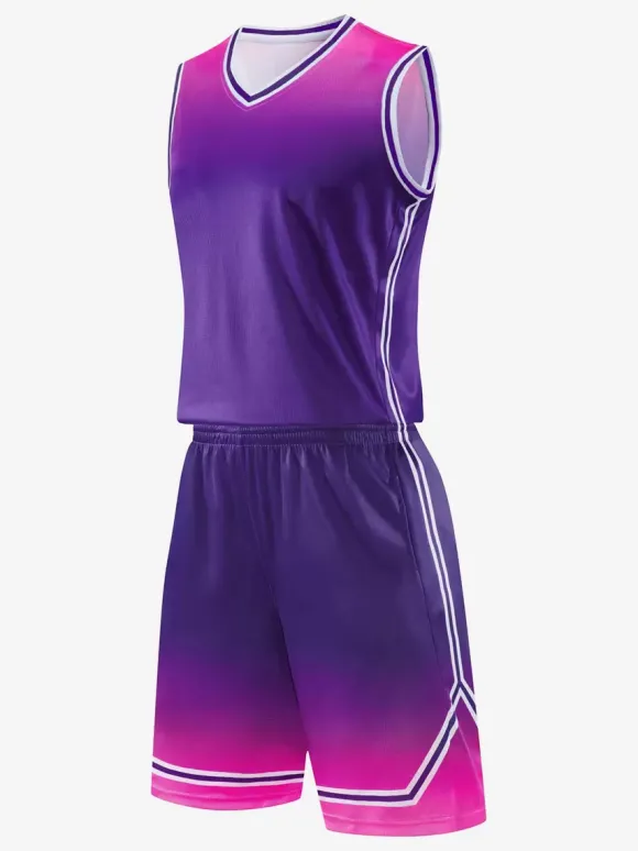 Maillot De Basket-Ball Ensemble 2 Pièces Violet Bleu Noir Blanc Adulte Homme